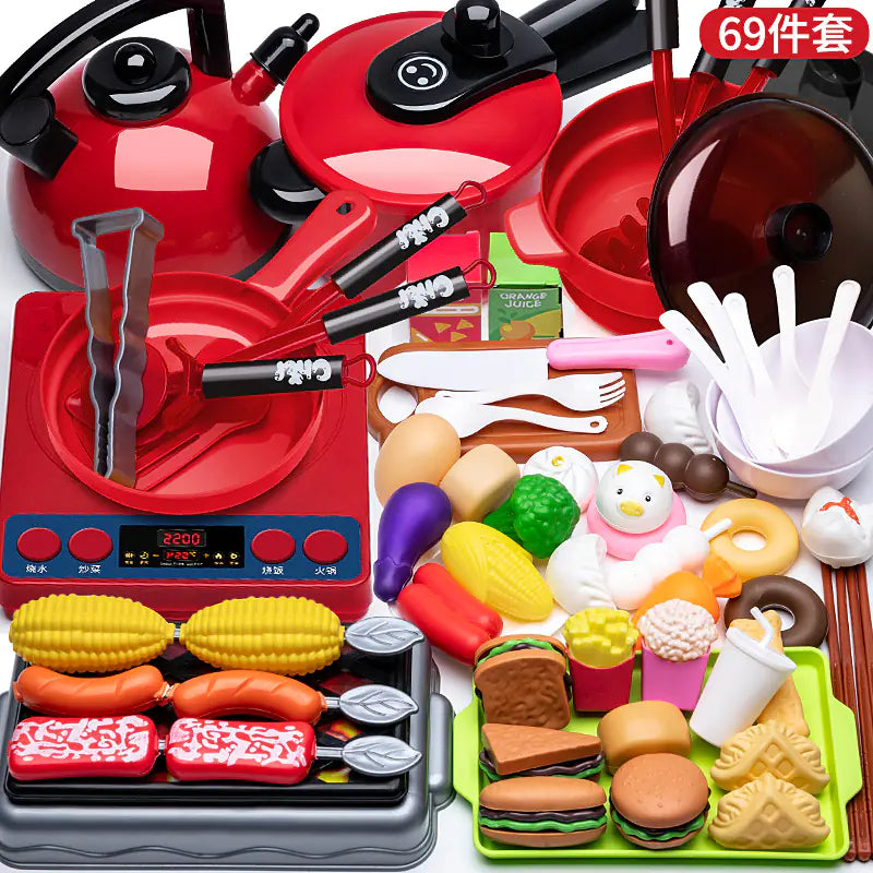 Kids Pretend Play Kitchen Set with Cooking and Cutting Toys