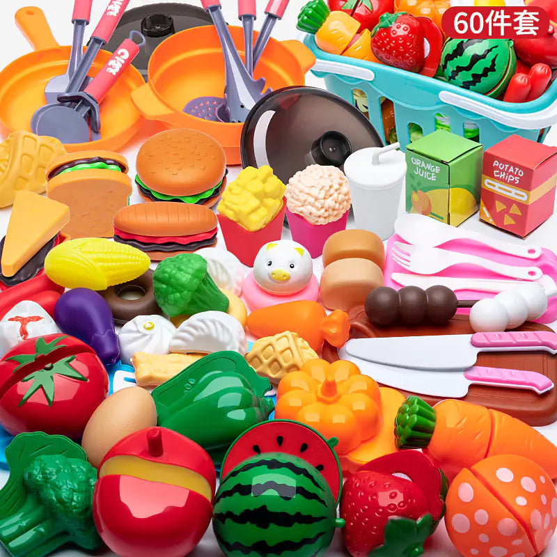 Kids Pretend Play Kitchen Set with Cooking and Cutting Toys