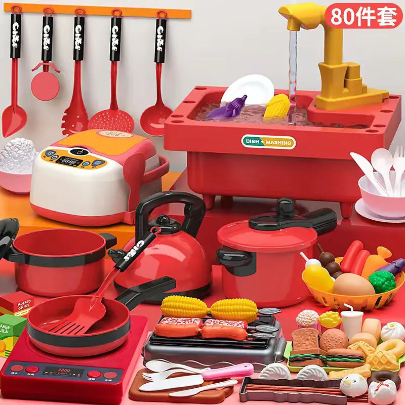 Kids Pretend Play Kitchen Set with Cooking and Cutting Toys